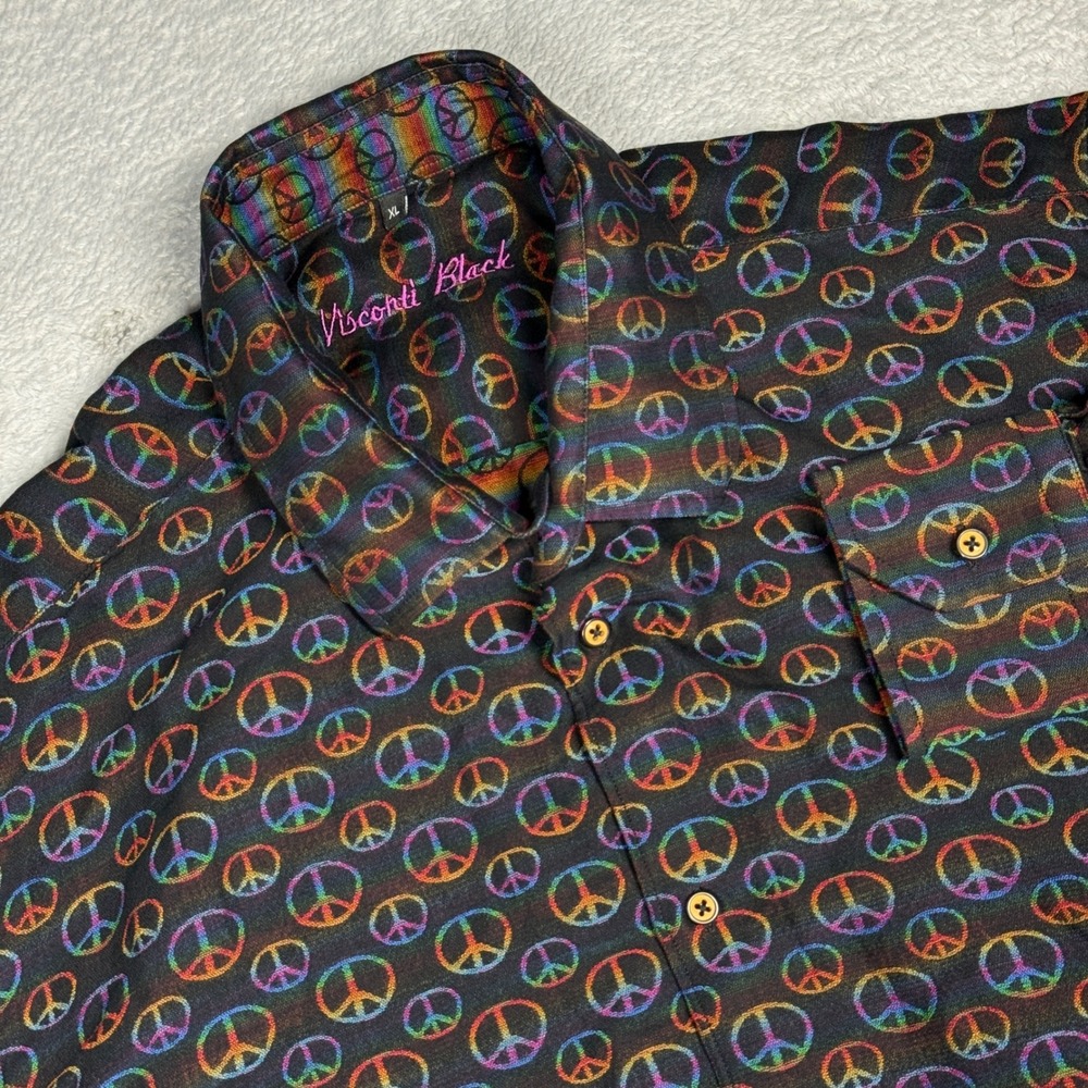 Visconti Black Button Down Shirt Mens XL Black‎ Rainbow Peace Sign Long Sleeve